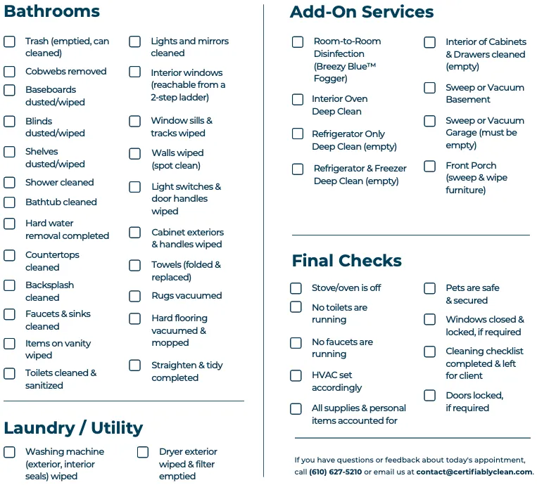 Page two of the Certifiably Clean deep cleaning checklist