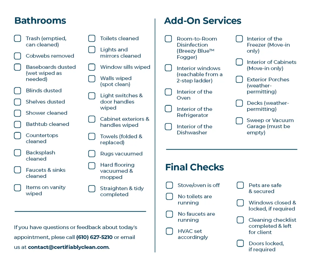 Page two of the Certifiably Clean recurring cleaning checklist