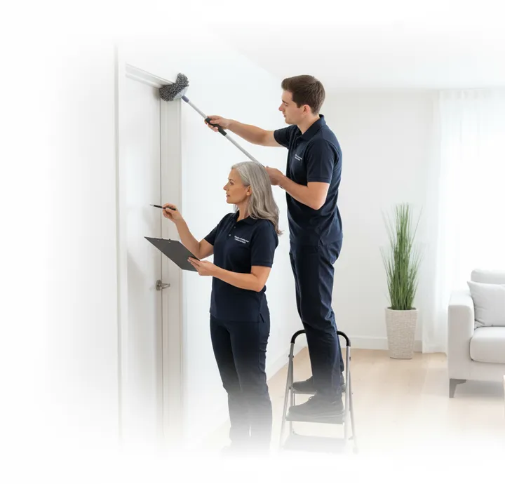 Two Certifiably Clean technicians working through a room checklist together