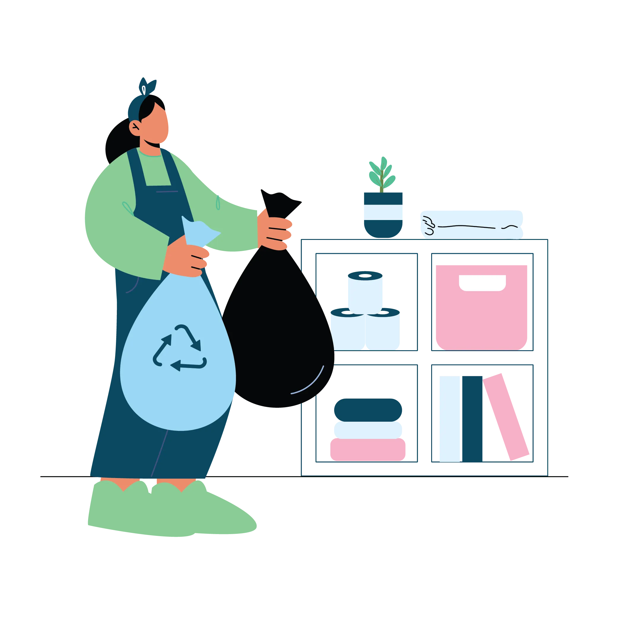 Illustration of a Certifiably Clean technician bagging up trash and tidying