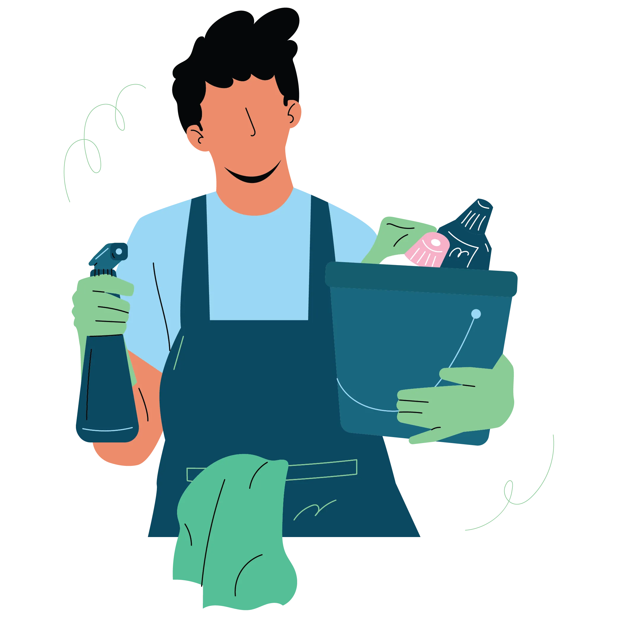 Illustration of a Certifiably Clean technician holding cleaning spray and a caddy of supplies