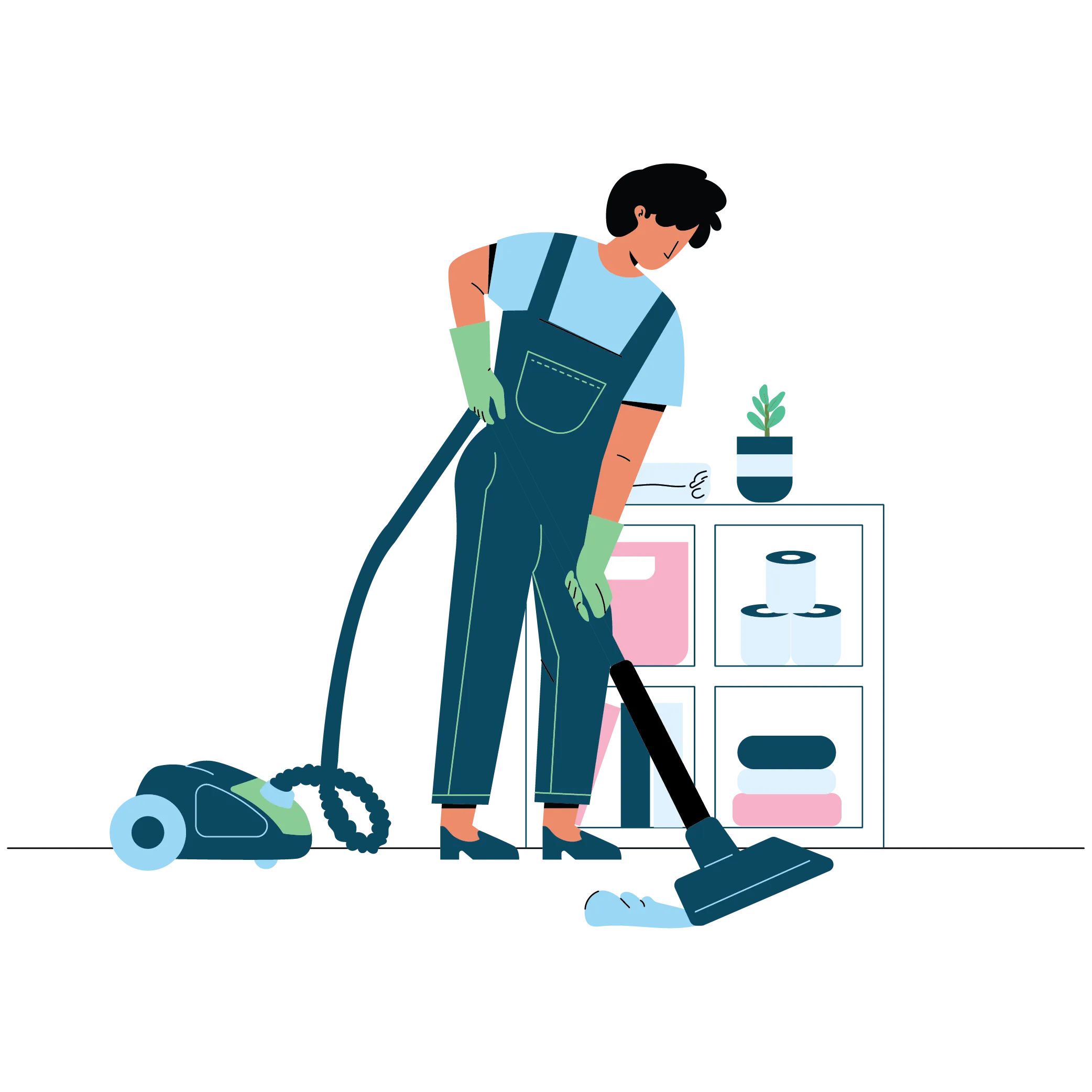 Illustration of a Certifiably Clean technician vacuuming beside a shelf of fresh linens