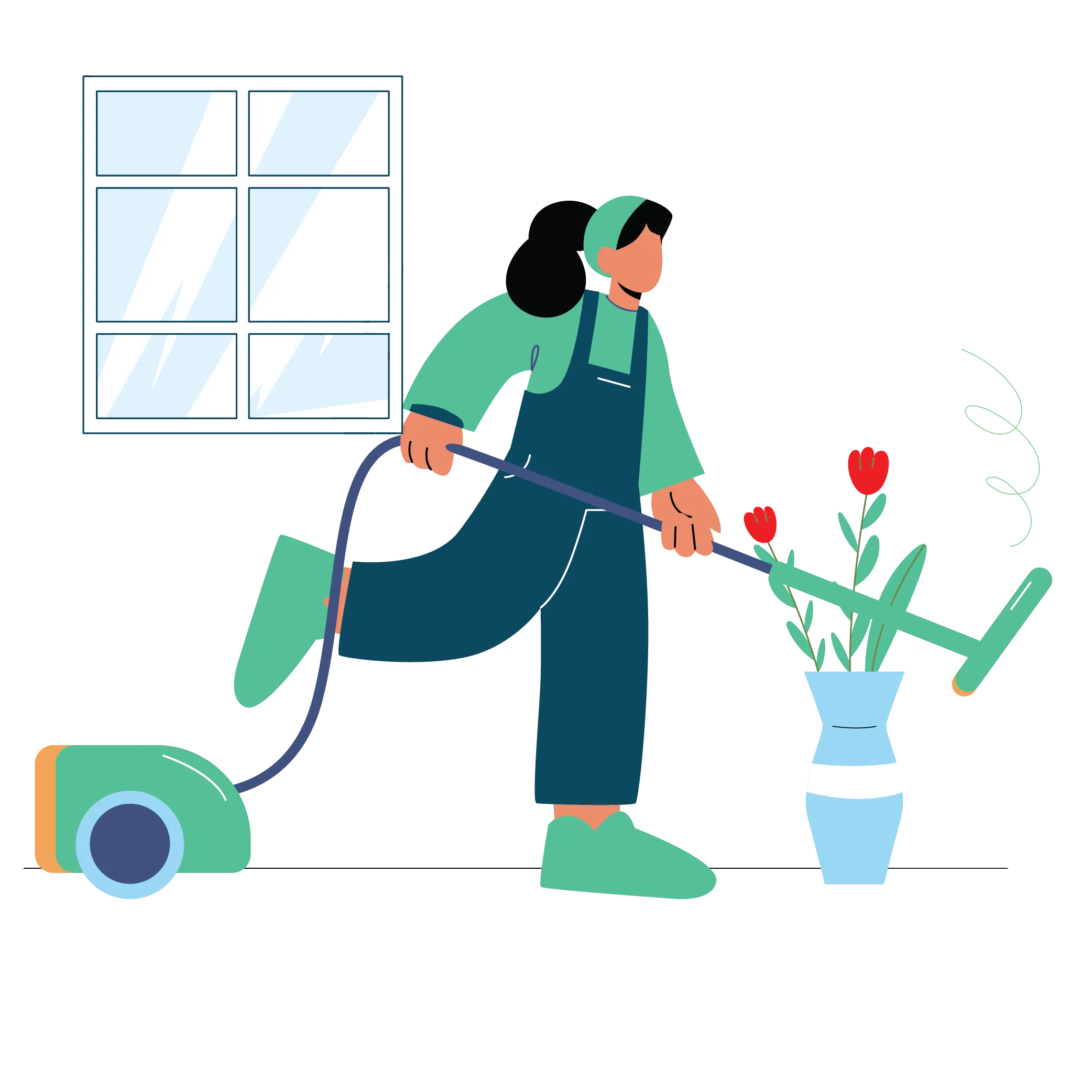 Illustration of a Certifiably Clean technician vacuuming beside a window