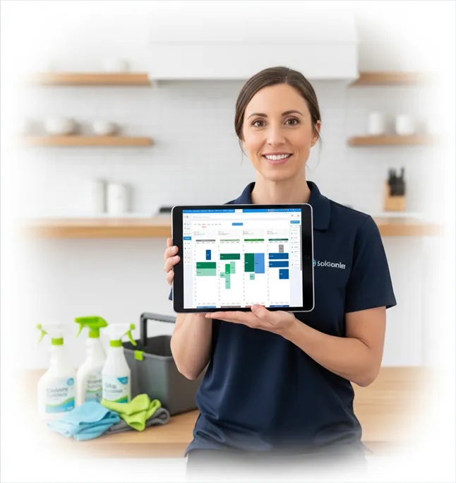 A Certifiably Clean technician holding a tablet showing the online booking schedule