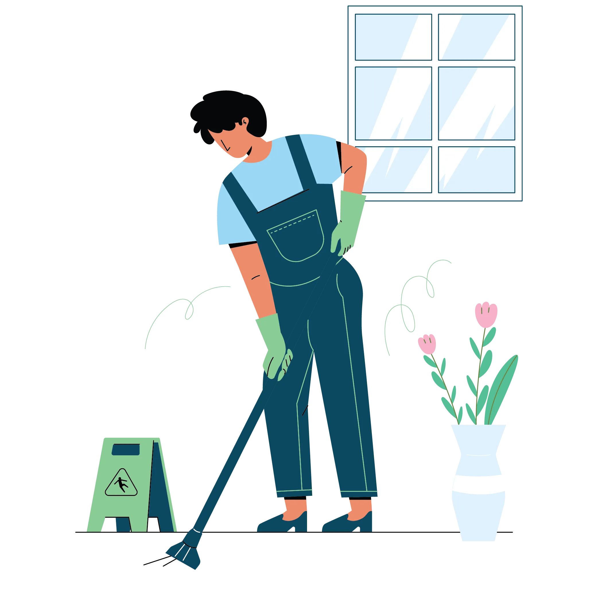 Illustration of a Certifiably Clean technician mopping beside a wet-floor sign and a vase of tulips