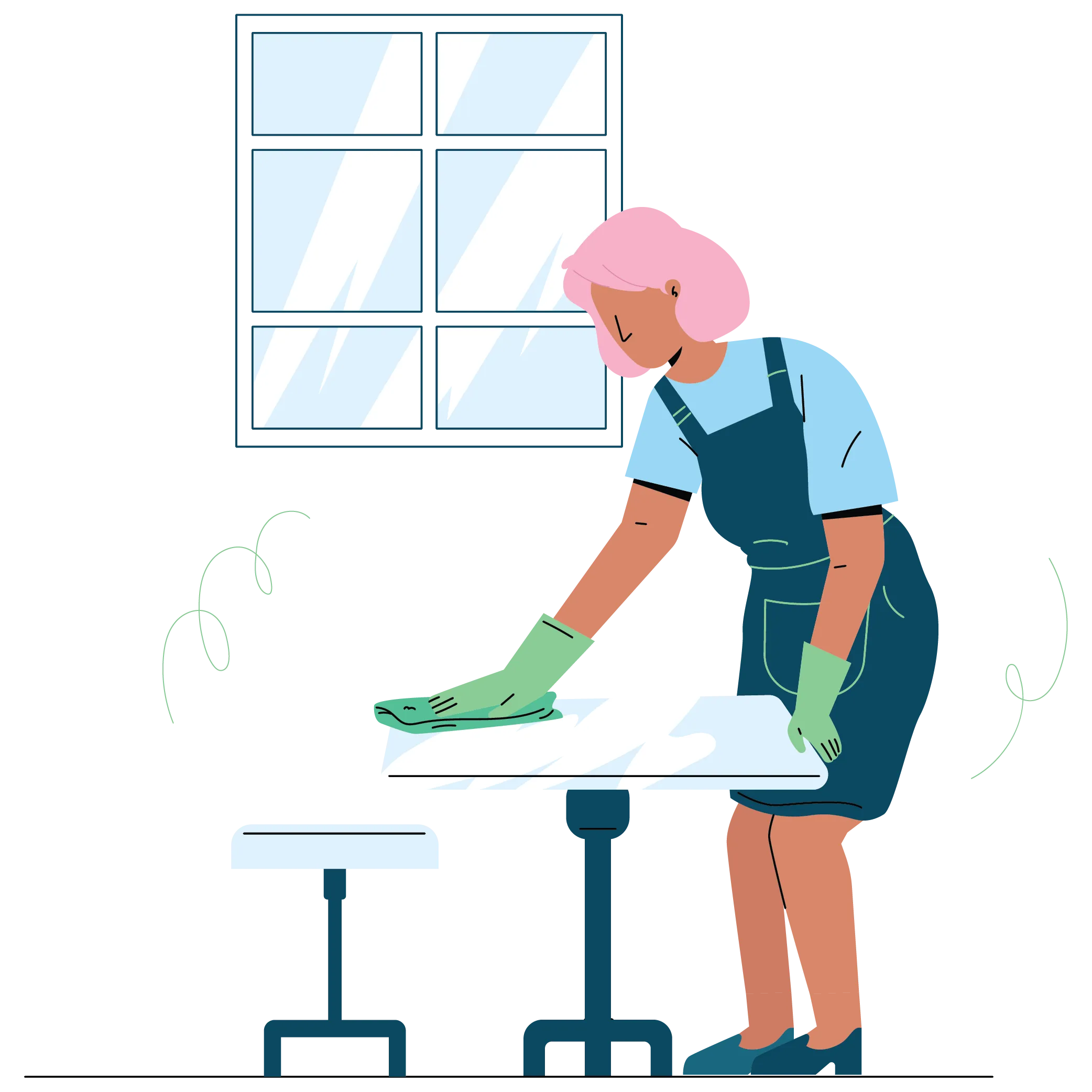 Illustration of a Certifiably Clean technician wiping down a table beside a window