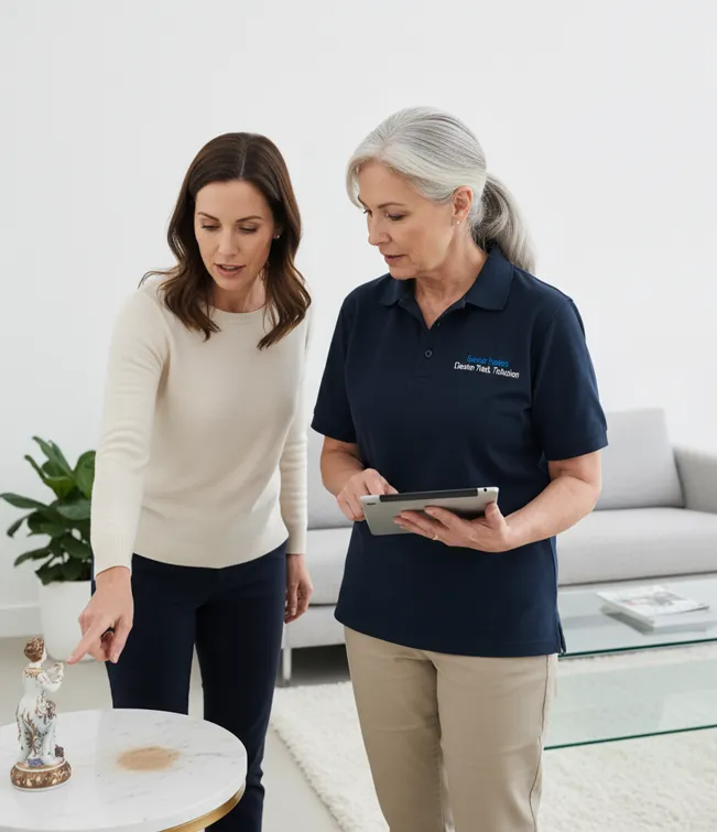 A technician reviewing the room-by-room notes captured in a client home profile