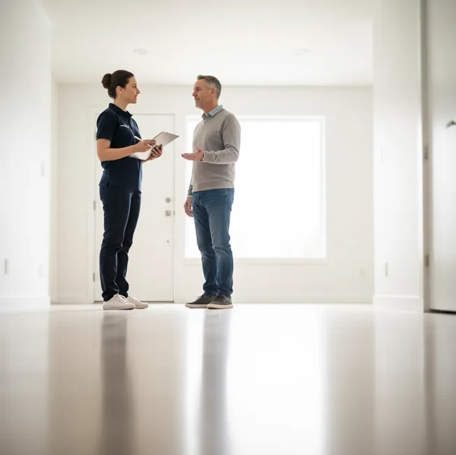 A homeowner reading a cleaning-day reminder message on their phone