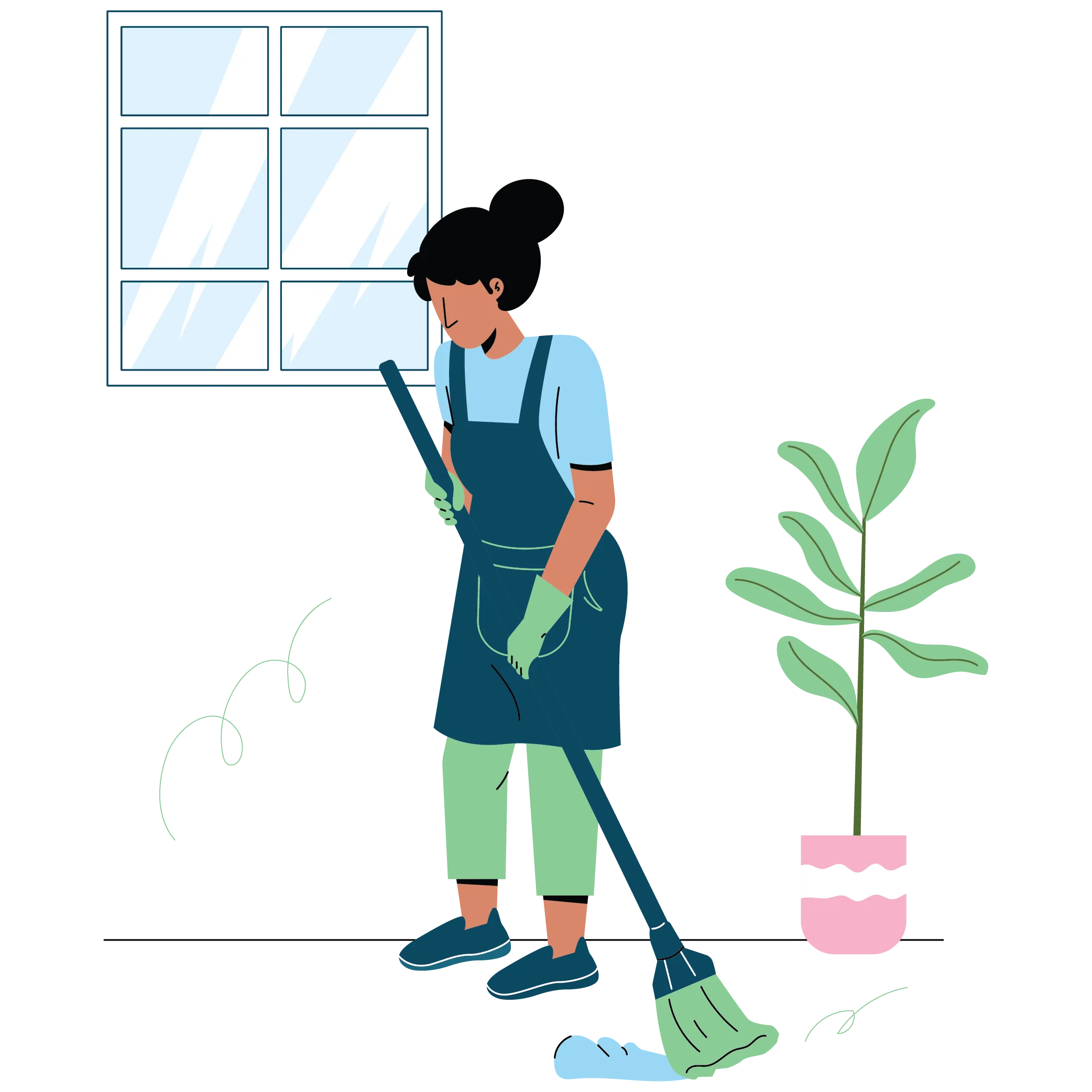 Illustration of a Certifiably Clean technician cleaning beside a window and a potted plant