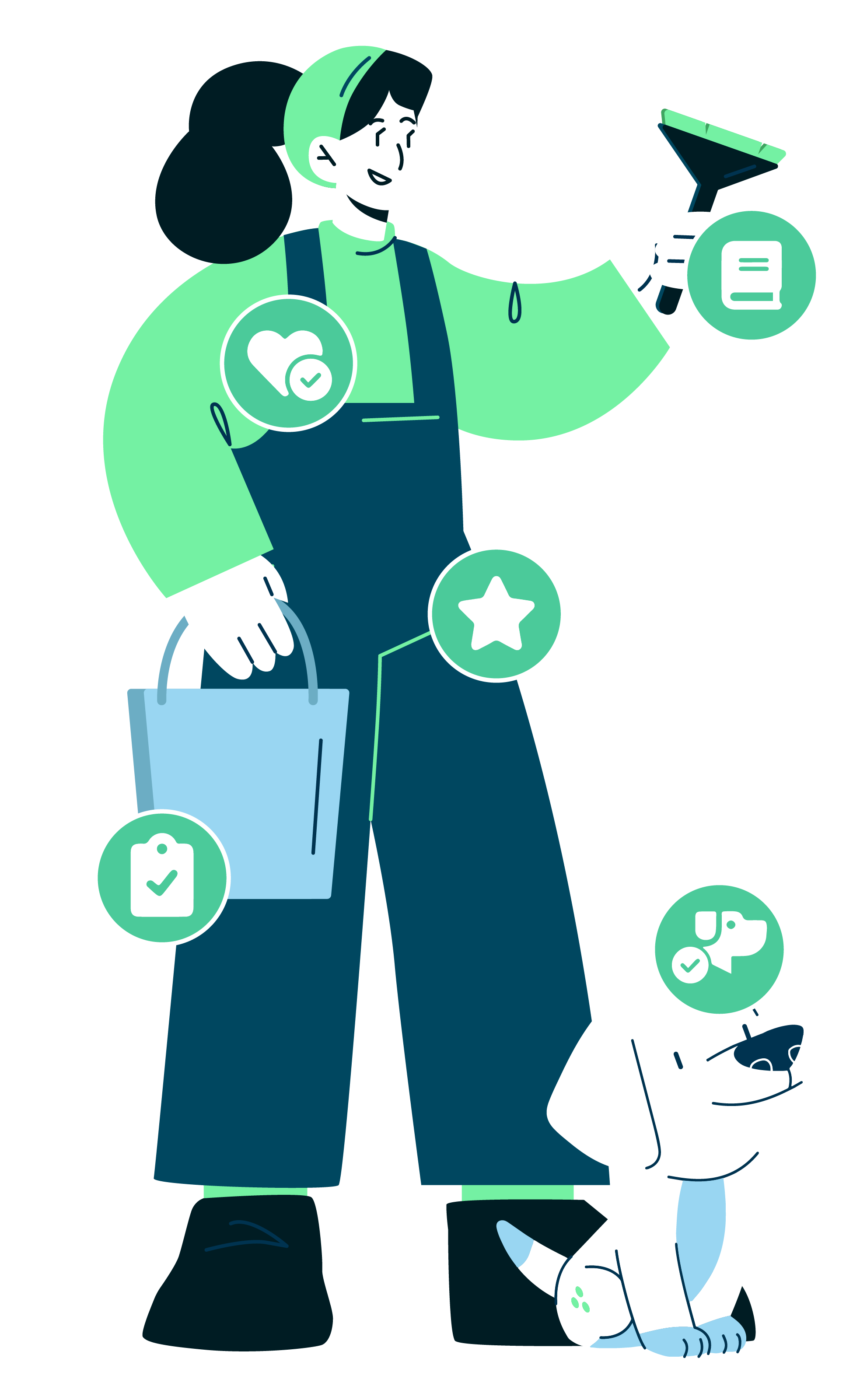 Illustration of a Certifiably Clean technician holding a bucket and squeegee beside a dog, ringed by badges for the team's five attributes