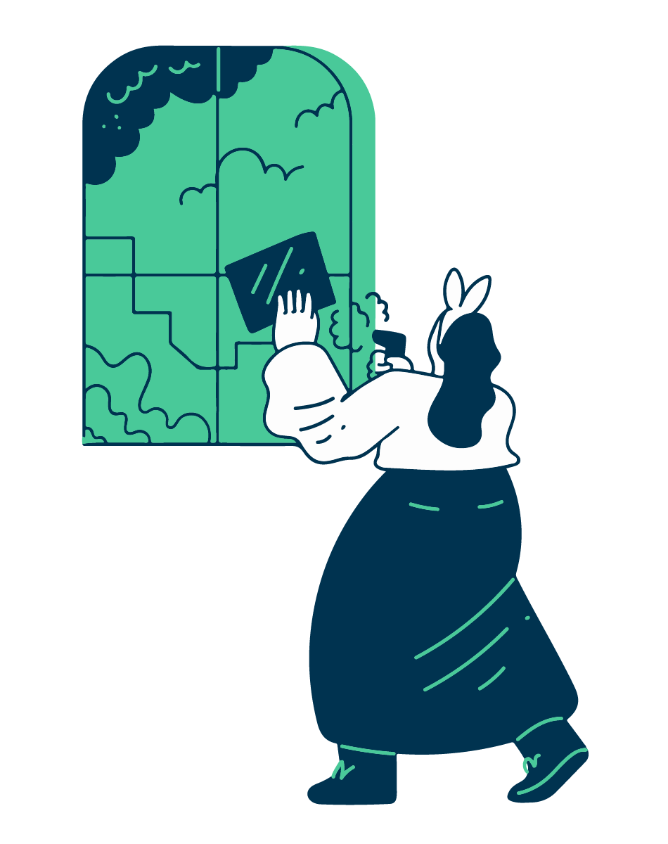 Illustration of a cleaning technician washing a large arched window