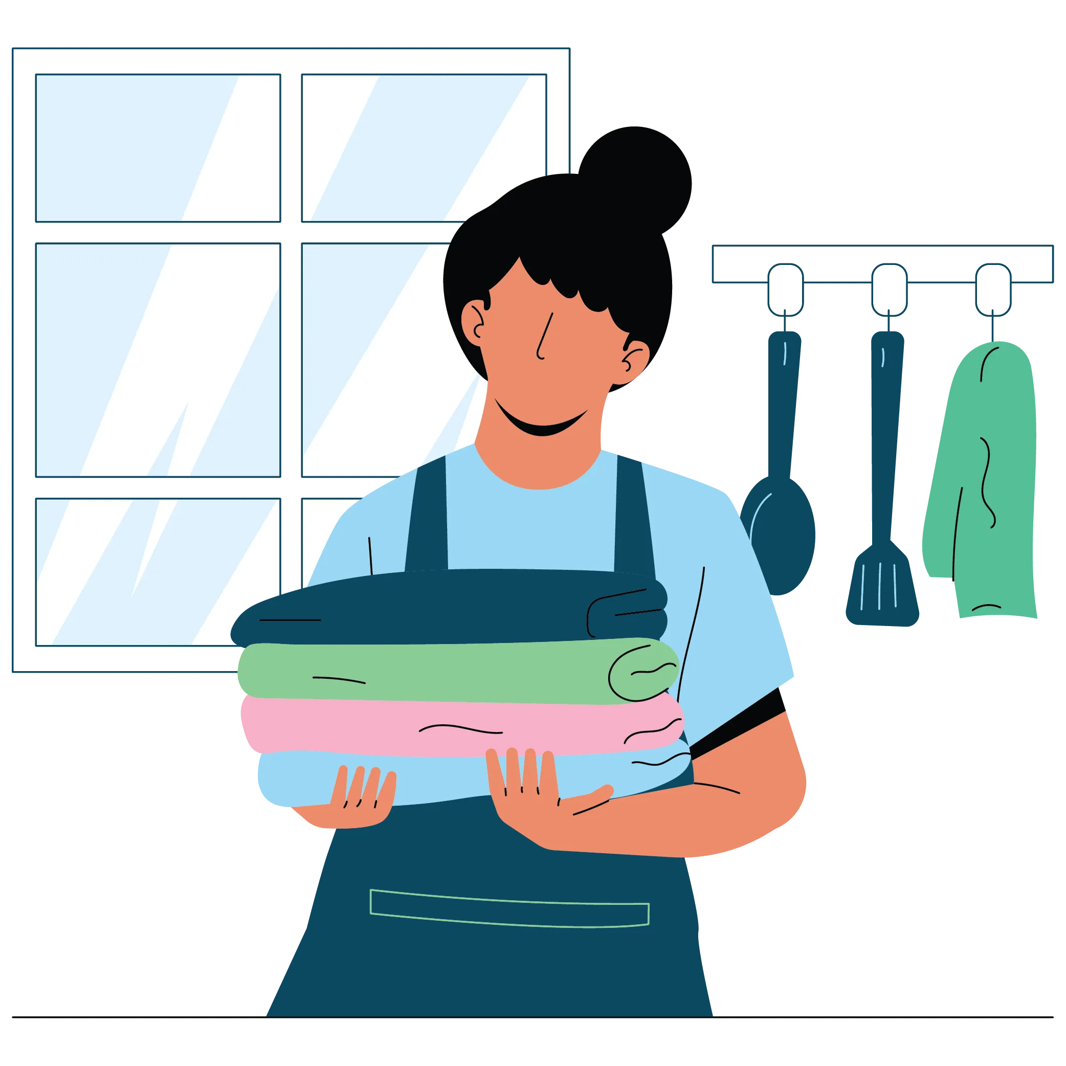 Illustration of a Certifiably Clean cleaning technician carrying a stack of freshly folded towels in a kitchen
