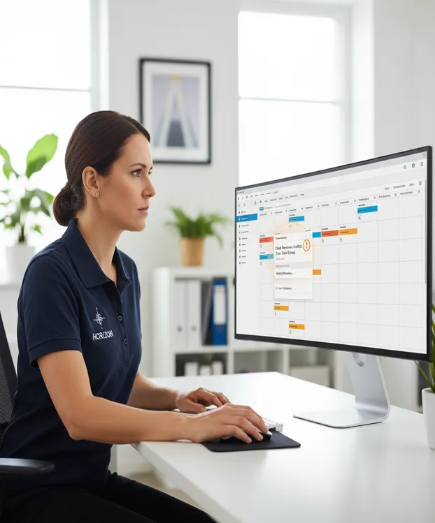 A scheduler checking a client’s preferred cleaning day and team on screen